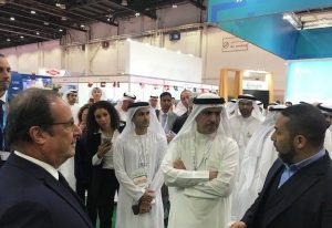 François Hollande and Saeed Mohammed Al Tayer with Abdoul Benamer of IFFEN at WETEX 2018 in Dubai